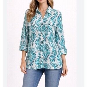 JM Collection 100% Lined Women's Tops Paisley Aqua White Size 10